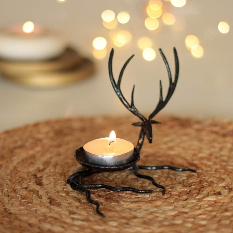 Atrangi Sitting Deer Wrought Iron Candle Holder Pair